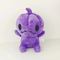 Detail of purple plush pumpkin with stitched mouth and white safety warning label - 25cm / Purple