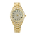 Luxury gold iced-out men's watch with full crystal pavé, Roman numerals, and date window - Gold with Black Text