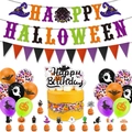 Detail of Halloween party set with Happy Halloween banners, cake toppers, and colorful balloons - Halloween Decoration Set Type 7