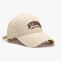 Distressed beige cotton baseball cap with dark brown NVRMND text embroidery and torn edges - Adjustable / Beige