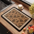 French style floral absorbent kitchen drying mat in vintage brown for countertops - French Medieval Style - Model P (Rounded Square)