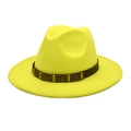 Detail of yellow wool fedora hat featuring a vintage brown band with gold metal studs - M (56-58cm) / Neon Yellow