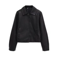 Classic black faux leather cropped jacket with lapel collar and zipper on white background - XS / Black