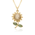 Luxury gold sunflower pendant necklace with zircon flower and green gemstone leaves - E455-Golden Texture Sunflower