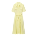 Short-sleeve light yellow poplin shirt dress with waist belt and chest pockets - XS / Neon Yellow