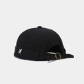 Detailed view of black Miki hat with airplane embroidery and bronze metal buckle - Adjustable / Black
