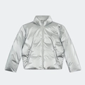 Silberne Metallic-Daunenjacke mit Stehkragen und Kreuzlogo, flach liegende Ansicht - S / Weltraumsilber