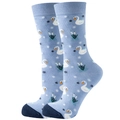 Chic blue knitted crew socks featuring white swan patterns and navy blue heel and toe - Size 35-42 / Swan