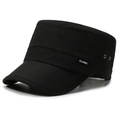 Classic black breathable flat top military cap for men with side metal ventilation holes - Adjustable / Black