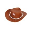Brown toy cowboy hat with silver star and rhinestone trim for dolls and accessories - Brown Cowboy Hat With White Rhinestone Chain