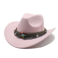 Detail of pink wool felt cowboy hat with turquoise stone and ethnic tassel band - M (56-58cm) / Pink