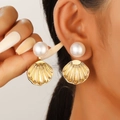 Detailed view of elegant shell pearl earrings featuring golden metallic scallop drop charms - Gold Shell Pearl Style (KC Gold N-291)