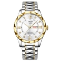 Detail of ORUSS 1853 watch featuring two-tone steel band and dual day-date window display - Polygon Two-tone Strap (Gold Ring) - White Face