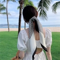 Elegant black and white striped silk scarf used as a hair tie for a vacation style look - White Square Handkerchief With Letter Checkered Pattern / 65