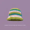 Striped knit bucket hat with hollow flowers and dimensions 16.5cm depth and 5cm brim - M (56-58cm) / Tassel Striped Knit Hat Green