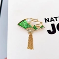 Golden fan-shaped brooch with green enamel mountains, pearl accents, and tassels - Chinese Style Fan (233)