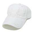 Macro detail of white washed denim baseball cap featuring vintage distressed frayed holes - One Size (56-60cm) / White