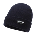 Winter dark blue ribbed knit beanie with turn-up cuff and logo patch in white background - One Size (Stretchy) / Blue