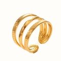 Detailed view of 18k gold plated triple-layer ring with textured geometric engravings - Style 10/Twill Wave