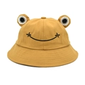 Dettaglio di un cappello da pescatore a rana giallo con occhi 3D e sorriso ricamato - M(56-58cm) / Cachi