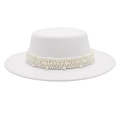 Detailed close-up of layered white pearls on a minimalist white wool felt flat top hat - One Size (Large Pearl) / White (Polyester Round Top)