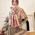 Elegant beige cashmere-feel scarf with orange and blue floral patterns and tassel edges - Palace Peach Blossom-Orange