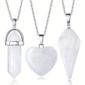 Three-piece necklace set with white crystal hexagonal column and heart pendants - White Crystal