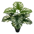 Close-up of artificial Monstera plant with green and white striped leaves in a black pot - 12-Head Striped Monstera (Without Pot)