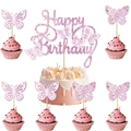 Pink glitter Happy Birthday cake topper set with butterfly decorations on white background - Pink Large Topper + 6 Pink Butterfly Small Toppers / Set of 7 Pieces (1 Large 6 Small)