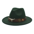 Detail of dark green wide brim wool fedora with brown leather band and silver bull head charm - M (56-58cm) / Dark Green