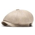 Gorra de repartidor en lino beige con etiqueta de cuero lateral y hebilla de metal elegante - Ajustable / Beige