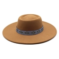Detail view of camel wool fedora hat featuring an ethnic geometric patterned ribbon band - M / Khaki