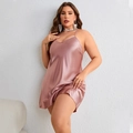 Plus-size dusty pink satin slip dress with V-neckline and smooth silk texture - 1XL / Pink