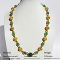 Handmade green and yellow spiral glass bead necklace with gold-plated brass spacers - Handmade Lampwork Mid-length Necklace / Green Yellow Interlaced