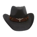 Classic black woven western cowboy hat featuring a leather band and silver steer skull - One Size / Black (Brown Bull)