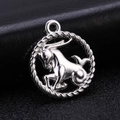 Macro shot of silver Capricorn zodiac charm pendant with woven edge on black background - Style 4 / Antique Silver