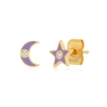 Asymmetric S925 silver needle star and moon earrings with purple enamel and zircon - Purple Enamel Star Moon Asymmetric Studs