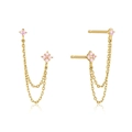 Elegante goldene Doppelketten-Ohrringe mit rosa Edelsteinen und Blumencluster-Design - Gold