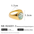 Detail of waterproof gold stainless steel ring featuring blue stone inlay and dimensions - Cyan Oval Stone Chip Ring (NB-R24201-5)