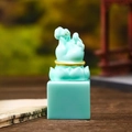 Green crystal cat figurine on lotus base with golden ring neck, desktop ornament - 1223-5 Cyan Stamp