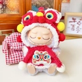 Labubu plush doll wearing a red Chinese lion dance outfit sitting on a mini sofa - Lunar New Year Red Lion Dance Set / First And Second Generation Keychains Are Compatible With La Cloth Dolls. Dolls Not Included.