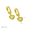 Detail of 18k gold plated heart drop earrings with cubic zirconia stones and size specs - Heart Pave Ear Buckle Pendant Style (DE240627-A)