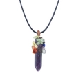 Detailed copper wire wrapped amethyst hexagonal prism necklace with colorful crystal chips - Approx. 15*60mm / Amethyst [With Leather Rope]