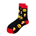 Men's cotton crew socks in black with vibrant hamburger and french fries cartoon patterns - Black Burger Fries
