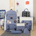 Blue and white 6-piece nylon school backpack set for girls with bear plush charm - 558 Blue
