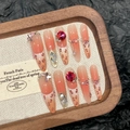 Pink gradient long pointed press-on nails with leopard print and red rhinestones - Extra Small (XS)