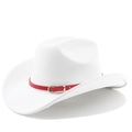 Detail eines weißen Wildleder-Cowboyhuts mit markanter roter Ledergürtelschnalle - M (56-58cm) / Reinweiß