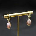 Baroque pearl drop earrings with emerald green gemstone and golden circular metal hoops - Purple Small-12mm-Green Zirconia