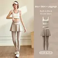 Ivory and khaki high-elastic seamless yoga set with bra and layered skirt leggings - S / Two-Piece Set (Bra + Skort Leggings) / Ivory White + Khaki