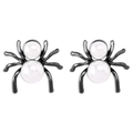 Macro detail of gothic spider earrings with white pearls and black plated metal legs - Gun Black